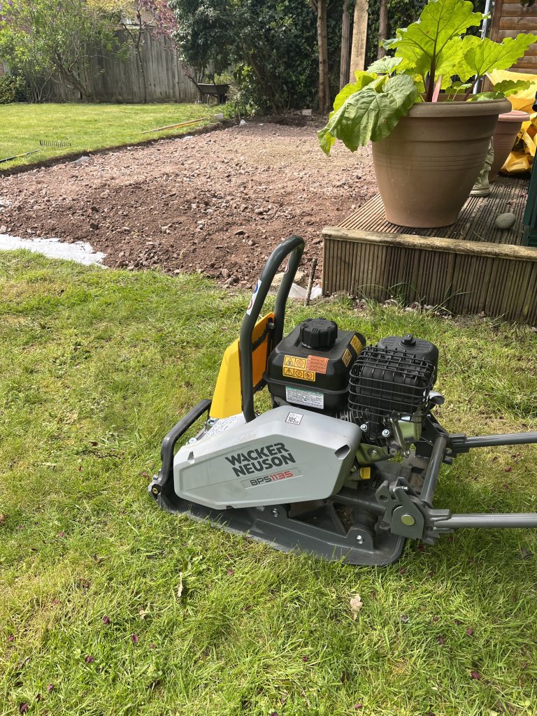 patio base prep with geotextile membrane, MOT1 and wacker plate
